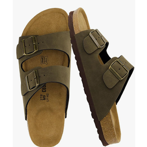 CUSHIONAIRE Lane Cork Footbed Mens Sandals, Adjustable Buckle Comfort Slides for Men, Genuine Leather Insole Summer Sandals Men Footwear.8M