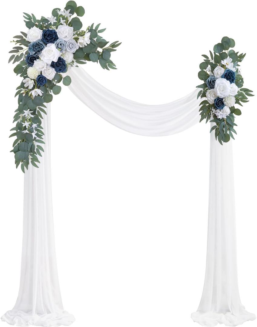 Olalaka Dusty Blue Artificial Wedding Arch Flowers Kit (Pack of 3) with 26Ft White Shiny Arch Draping Fabric for DIY Wedding Party Ceremony Reception Backdrop Floral Decoration