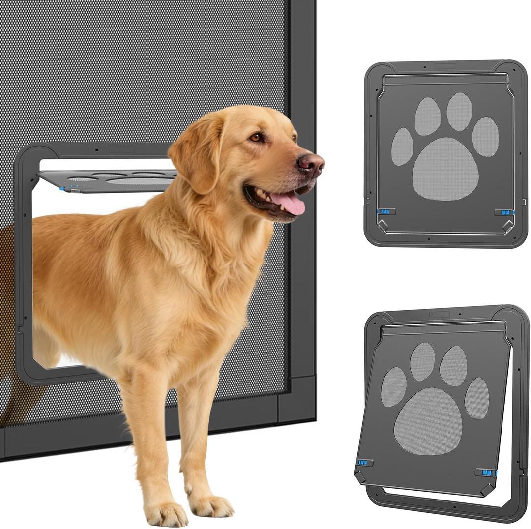 Dog Door for Screen Doors, Large Dog Opening for Sliding Doors, Inner Flap 12"14" Lockable Magnetic with Automatic Close, Sturdy ABS Pet Doorway for Small to Large Dogs, Black L