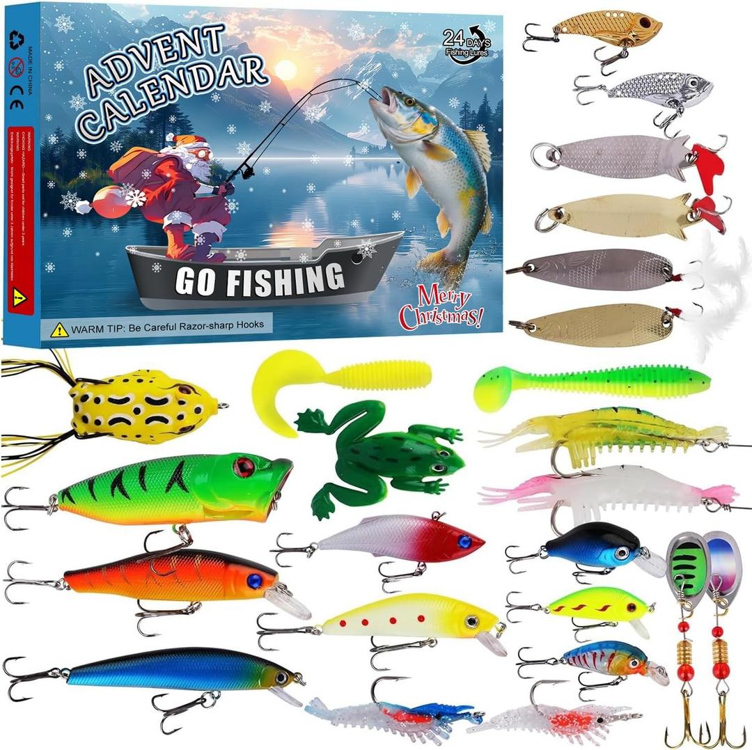 Fishing Advent Calendar 2025 for Man Adult Teen - 24 Days Christmas Countdown Fishing Lure Tackle Set - Xmas Surprise Fish Bait Gift for Father Grandpa Brothers Boyfriend