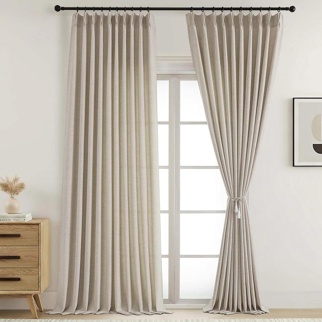 Extra Wide Pinch Pleated Curtains 96 Inches Long 2 Panels, Light Filtering Soft Fabric Curtains for Large Windows, 60 Inch Width Farmhouse Drapes for Living Room, Linen Color, 2x60Wx96L Inches