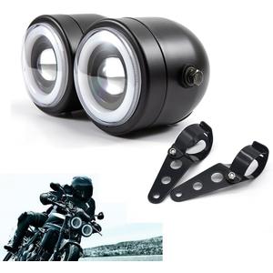 Motorcycle Headlight Assembly LED Double Front Head light with Mounting Brackets Assembly, Front LED Headlamp with DRL High/Low Beam