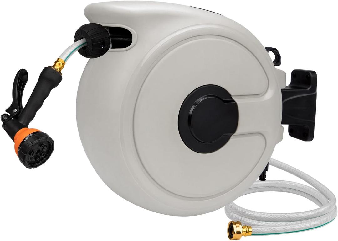 FEVONE 100 FT x 1/2 Retractable Garden Hose Reel, Any Length Lock, Auto Rewind, 180 Swivel Bracket, 7 Pattern Nozzle, Wall Mounted