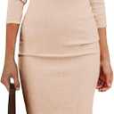 PRETTYGARDEN Women's Long Sleeve Midi Bodycon Dresses Casual Crewneck Cut Out Ribbed Knit Fitted Pencil Dress (Apricot)