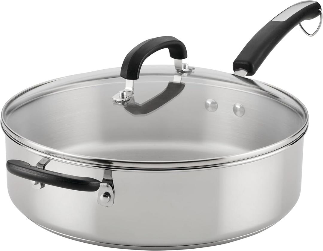 Farberware Brilliance Stainless Steel Saute Pan/Jumbo Cooker with Lid and Helper Handle, Induction Suitable, Dishwasher and Metal Utensil Safe, 6 Quart - Stainless Steel