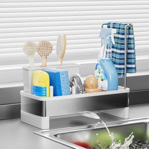 Ewaiira Stainless Steel Sink Caddy, Sponge Holder for Kitchen Sink with Brush Holder & Dishcloth Rack, Rustproof Organizer Countertop, Soap Dispenser Kitchen Organizers Storage Essentials, White