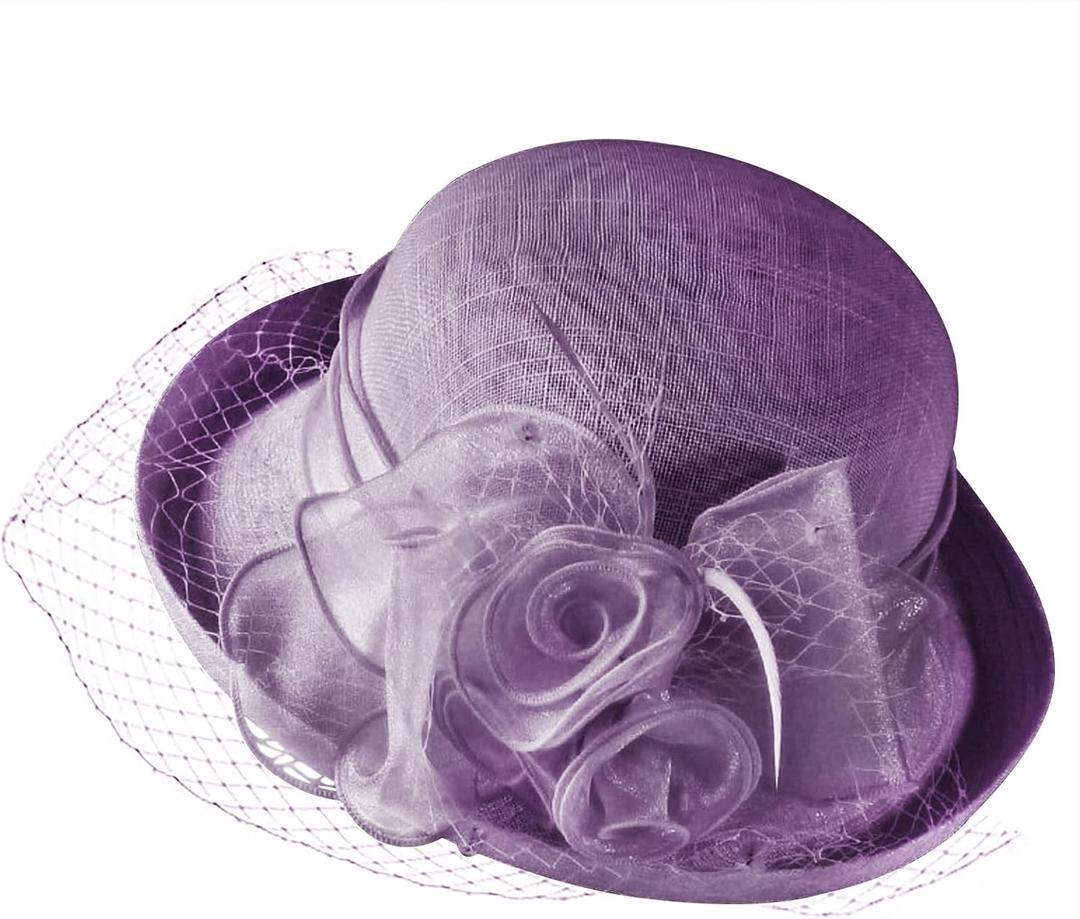 Womens Tea Party Church Baptism Wedding Derby Dressy Hat Organza Derby Hat Bridal Wedding Summer Bucket Bowler Hats Sun Cap Purple 