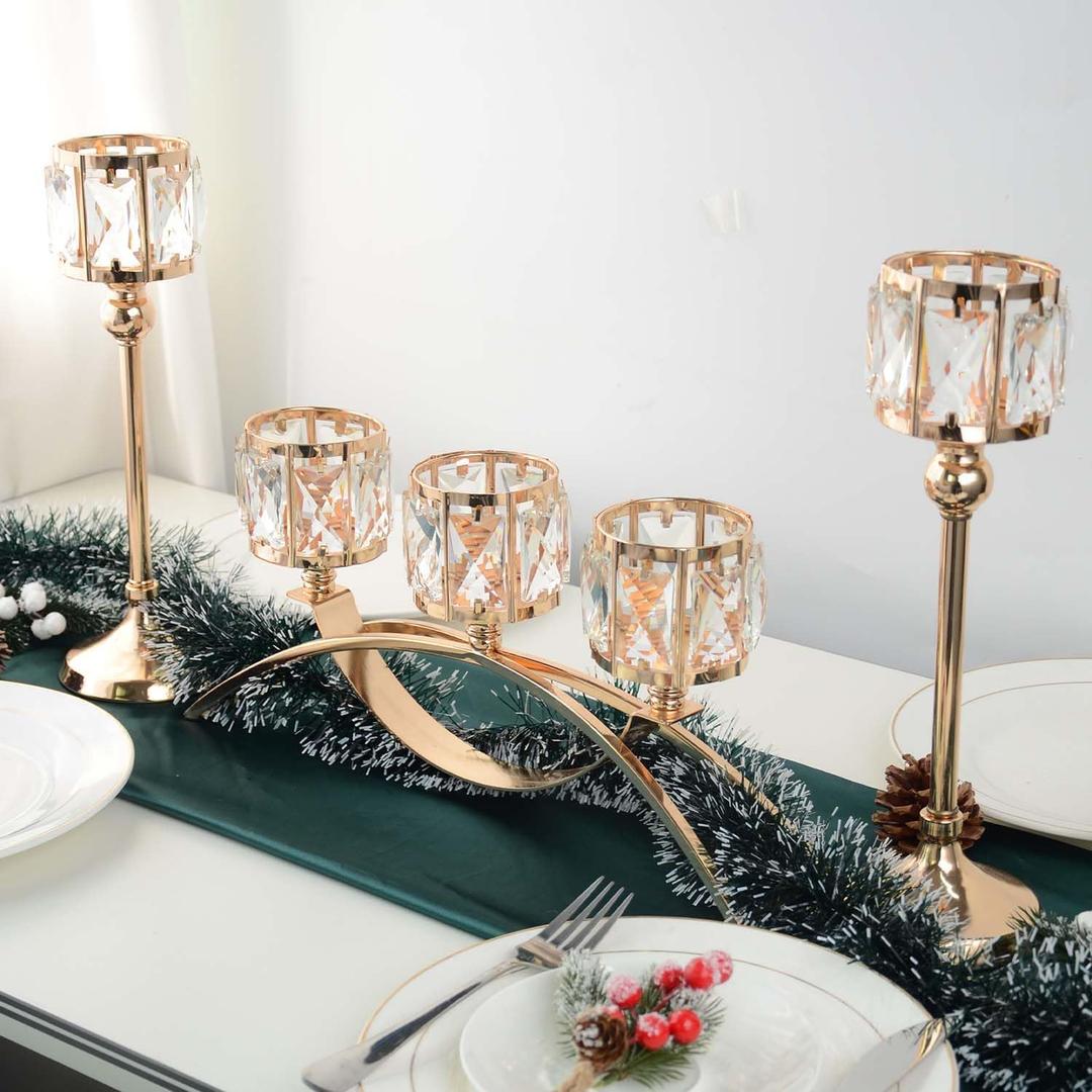 KEHAIL 3 Arms Crystal Candle Holders, Arch Candlestick Table Candelabras Centerpieces for Wedding, Dinning Room, Cabinet Ornaments, Home Decoration, Gift (3arm Arched Set, Gold)