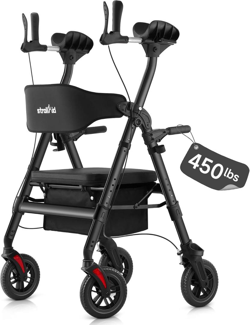 Upright Walkers for Seniors, Stand Up Rollator Walker with Padded Seat and Backrest, Heavy Duty Forearm Rollator with Support Handrail, Holds up to 450 pounds, Compact Folding, Black