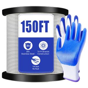 1/4" Stainless Steel Cable,7x19 Strand Aircraft Wire Rope,Cable for Heavy Duty Applications,Outdoor Pulley Cables,Deck Railing with Gloves,Breaking Strength 6400 Ibs,150FT