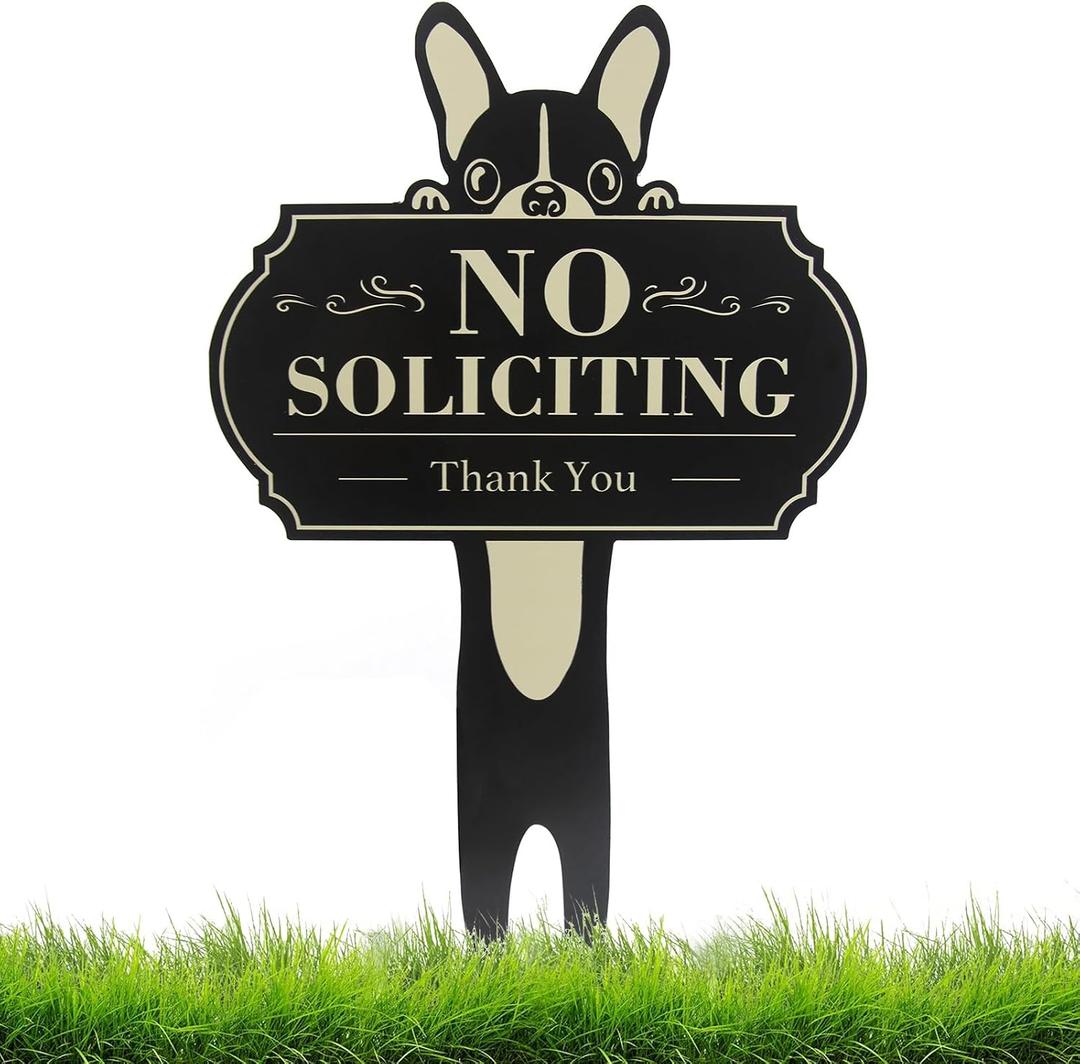 No Soliciting Sign for House - Funny Metal No Soliciting Outdoor Yard Signs for Door Yard Decoration Gifts for Dog Owner, for Home House and Business | Made with Iron 15"x9.5" (Plug into)