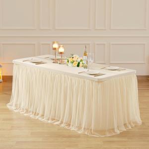 Suppromo 8ft Champagne Tulle Tablecloths for Rectangle Tables 8 Foot Stretch Rectangular Table Cloths Wrinkle Free Table Cover with Tutu Skirt for Wedding Birthday Party Banquet Buffet Cake Event, 96" x 30"