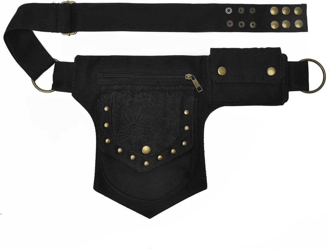 Renaissance Faire Festival Thigh Bag - Drop Leg Fanny Pack for Women - Lace Waist Utility Hip Belt - Renaissance Accessories (3-black)