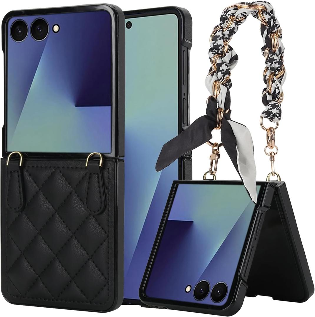 Slim Fit Galaxy Z Flip 7 Case for Women Girls with Wrist Strap, Cute Scarf Style Lanyard Hard PC Back Drop Proof Shockproof Protective Phone Cover for Samsung Galaxy Z Flip 7 5G (Black)