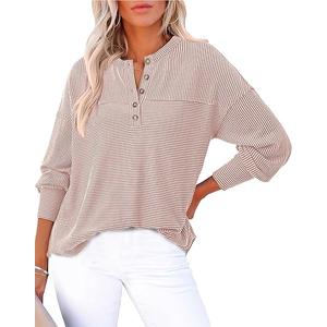 KIRUNDO Going Out Tops for Women Henley Shirts 2025 Casual Ribbed Knit Long Sleeve Tunic Summer Fall Button V Neck Blouse
Medium
