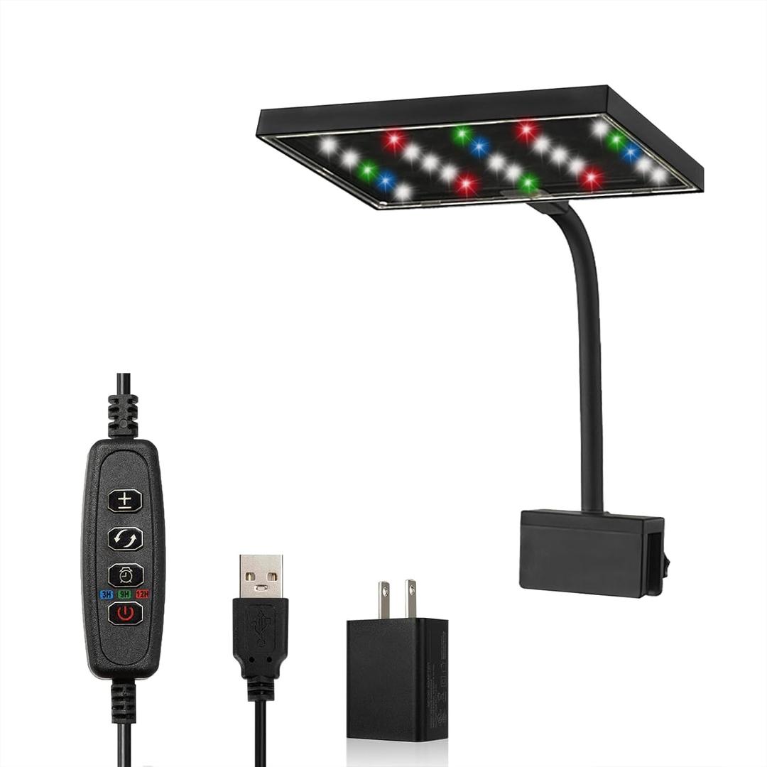 Carefree Fish Aquarium LED Light USB 5V1A RGBW 5730 Timmer 5~10Gal Fish Tank Clip Light 10 Brightness Levels 8W with USB Port (Include Power Adapter)