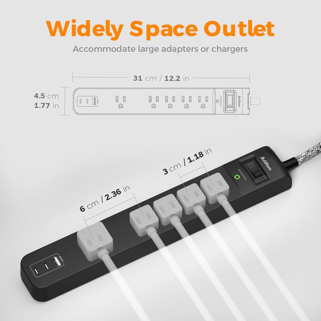 1 Pack Power Strip Surge Protector - 5 Widely Spaced Outlets 3 USB Charging Ports, 1875W/15A 6Ft Braided Extension Cord, Flat Plug Overload Protection, Wall Mount for Home Office Dorm Room Essentials