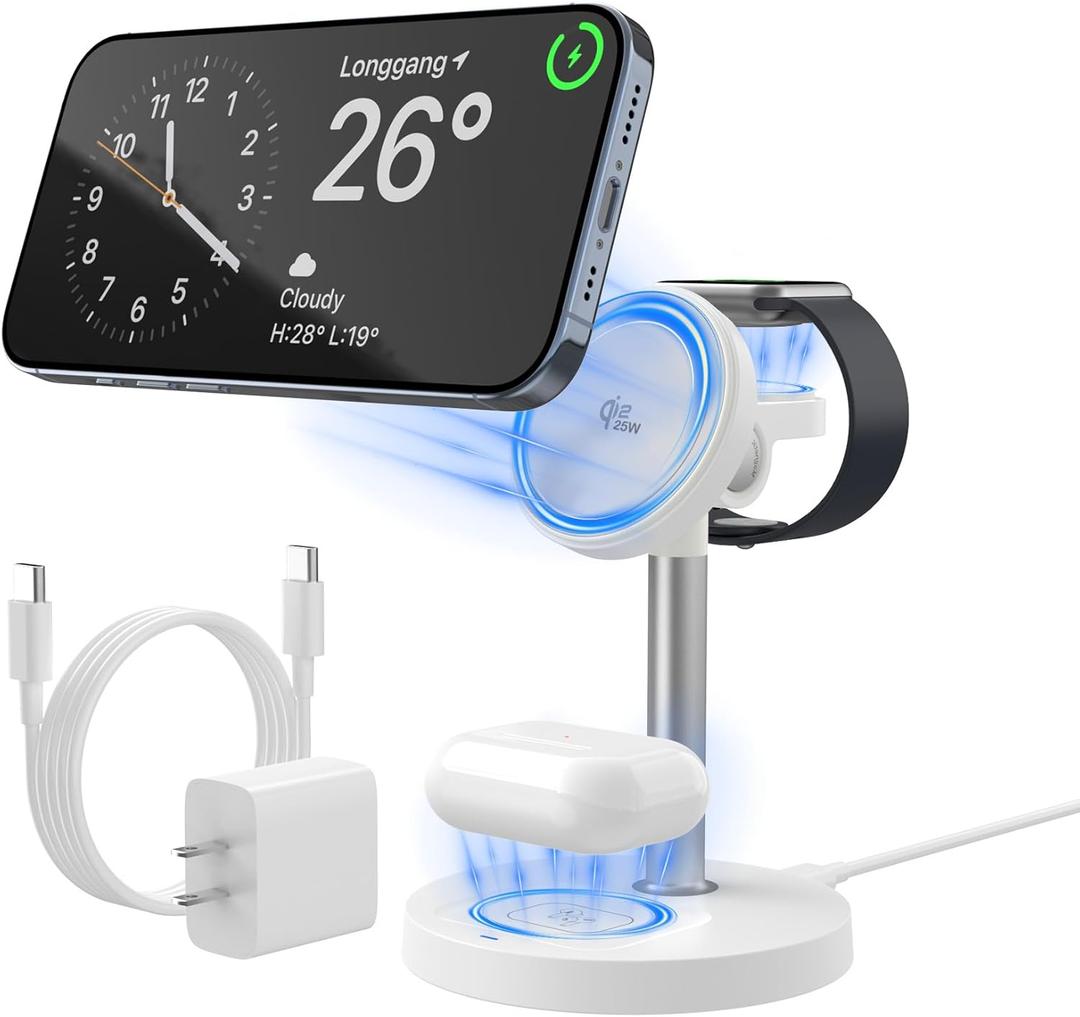 3 in 1 Wireless Charging Station Qi2 Mag-Safe Charger for Apple, 25W Fast Wireless Charger Stand for iPhone 16/15/14/13/12, Watch Fast Charger, Magnetic Charger for AirPods