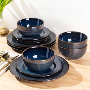 GBHOME Ceramic Dinnerware Sets,12 pcs Embossed Elegant Stoneware Plates and Bowls Sets, Housewarming Wedding Gift | Dishwasher & Microwave Safe | Dishes Set Service for 6