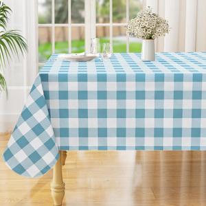 misaya Rectangle Waterproof Vinyl Table Cloth, Buffalo Flannel Backed Tablecloth, Wipeable Plastic Table Cover for Dinner, Kitchen, Outdoor (60" x 102", Aquamarine and White)