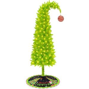 Grinchs Christmas Tree 6FT, Whimsical Bendable Artificial Tree, Lime Green Design with Tree Skirt & Red Ball Ornament, Christmas Decorations Indoors and Outdoors