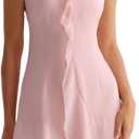 RIHOAS Womens Sleeveless Dress Elegant Mesh Ruffles Sexy V Neck Bodycon Mini Dress Party Fitted Cocktail Mini Dresses (Pink, XS)