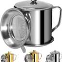 Tellshun Bacon Grease Container with Strainer 1.25 L / 42 oz Strong Kitchen Catcher Food-grade Stainless Steel Cooking Oil Keeper with Lid and Easy-Grip Handle Suitable for Storing Frying Oil