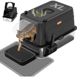 Anywish Stainless Steel Cat Litter Box with Lid, XL Extra Large Enclosed Removable Metal Litter Box with Litter Scoop&Double Layer Litter Mat, Non-Sticky, Non-Odor, Easy Cleaning, for Big Cats, Black
