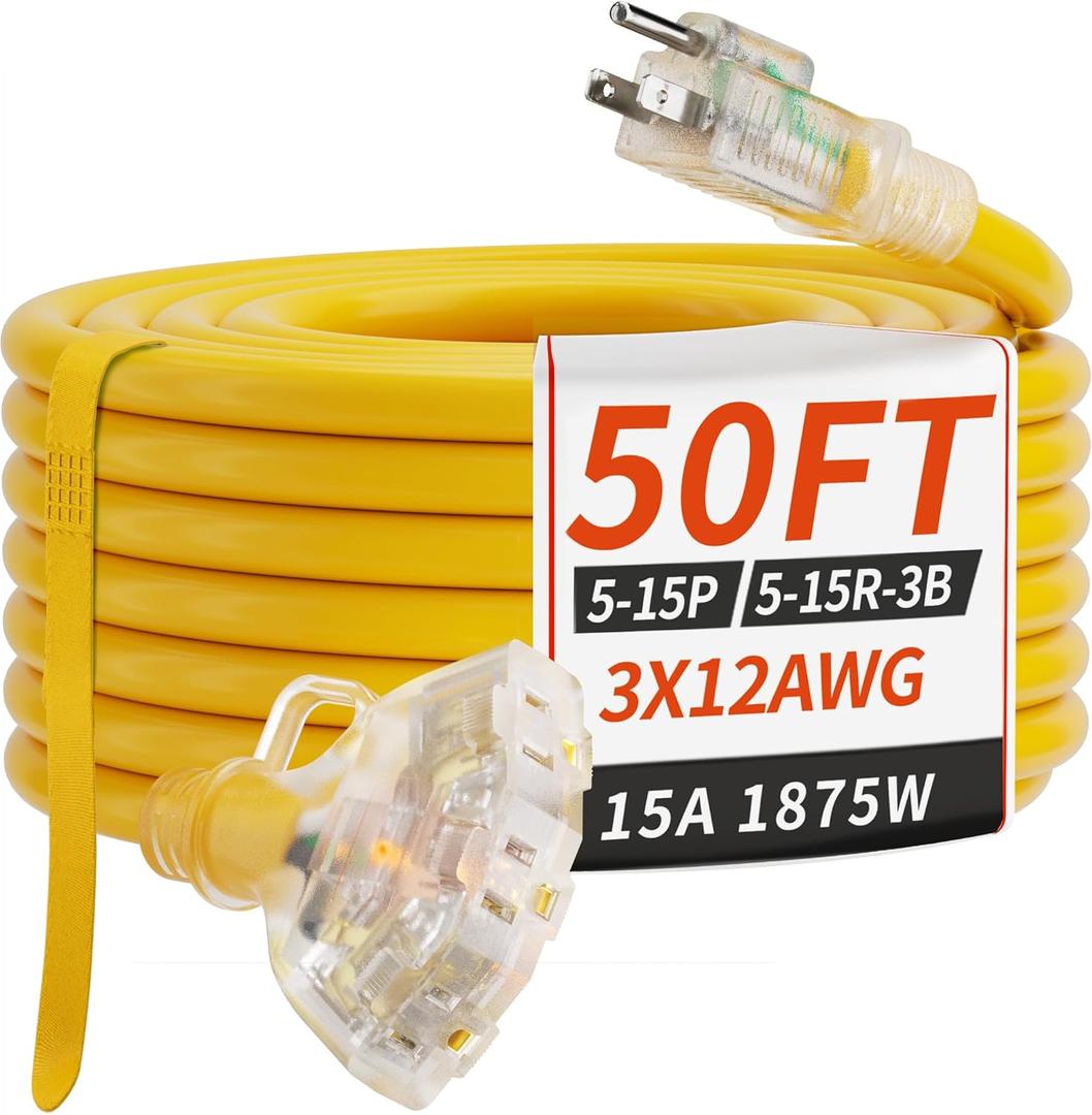 PlugSaf 50 FT 12/3 Gauge Outdoor Extension Cord with Multiple Outlets Light Indicator, Flexible 3 Outlet Weatherproof Heavy Duty Extension Cord Waterproof Yellow, 15A 1875W 12AWG SJTW, ETL Listed