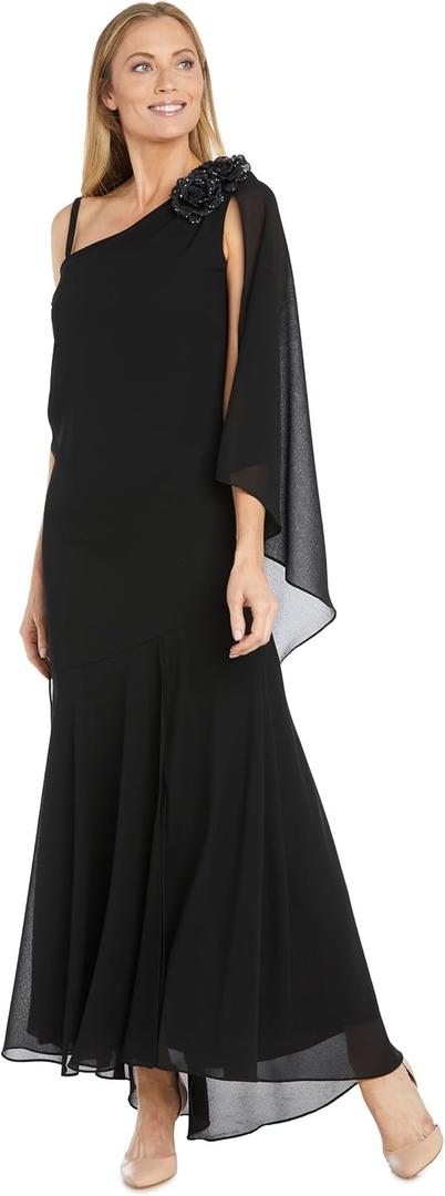 R&M Richards Women's Evening Gown W/Flowing Chiffon Capelet & Floral Accent - Formal Maxi Dress for Special Occasions (Black, XL)