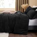 ChiXpace Flannel Fleece Comforter King Set - Furry Black Leaves Pattern Faux Fur Bed Set, Winter Ultra Soft Fuzzy Comfort Set, Velvet Bedding Set for Bed with 2 Pillow Cases