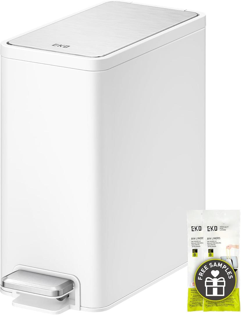 EKO Slim Small Bathroom Can with Lid, Stainless Steel Small Garbage Can with Removable Inner, 6L / 1.6 Gal, Step On Bin (White)