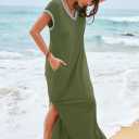 MEROKEETY Women's 2025 Spring Summer Maxi Dress Casual V Neck Split Beach Vacation Loose Long Dresses (Green, S)