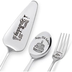 Happy 25th Birthday Personalized Laser-Engraved Stainless Steel Birthday Party Utensil Set - Cake Server, Spoon, and Fork for Son Daughter Boyfriend Girlfriend Happy 25th Birthday Personalized Laser-Engraved Stainless Steel Birthday Party Utensil Set - Cake Server, Spoon, and Fork for Son Daughter Boyfriend Girlfriend