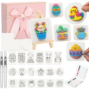 Ctosree 76 Pcs Easter Foam Texture Painting Kit 3D Magic Puffy Texture Painting Kit 48 Foam (18 Patterned/30 Blank) 24 Color Markers 2 Water Brushes Pink Gifts Box for DIY Easter Craft Supplies