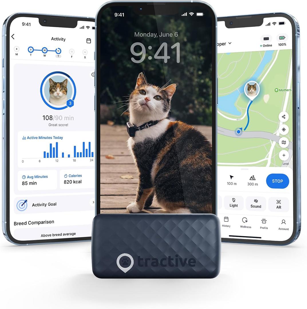 Tractive GPS Cat Tracker (6.5 lbs+), Real-time Pet Location Tracker, Health & Wellness Alerts, Battery Life Up to 7 Days, Breakaway Cat Collar Included (Dark Blue)