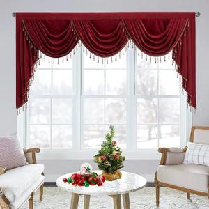 StangH Theater Red Velvet Curtains Valance with Luxury Beads for Bedroom, Rod Pocket Thick Window Waterfall Valances for Christmas/Sliding Door/Bathroom, W79 inches, 1 Panel