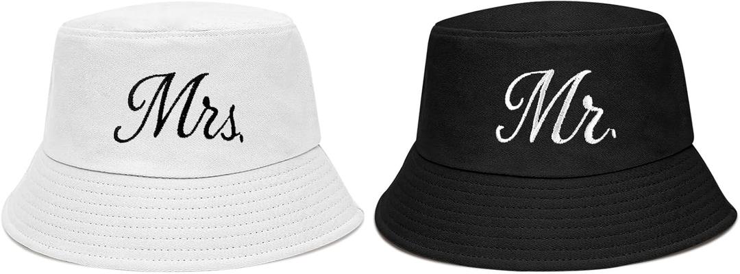 MGupzao 2Pcs White Bride Bucket Hats Beach Bachelorette Party Decorations Bridal Gift Honeymoon Travel Outfit (Mr & Mrs)