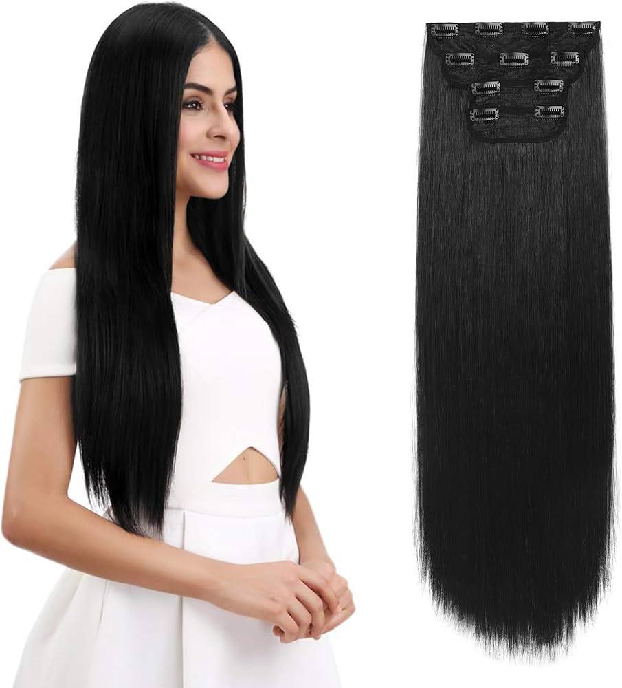 REECHO Multi-Length  Long Straight 4 PCS Set Thick Clip in on Hair Extensions Natural Black 24x11