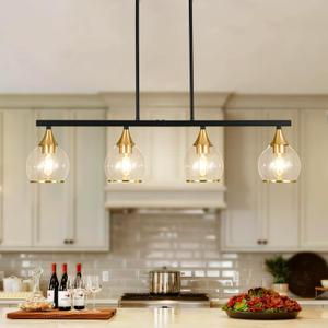 Island Light for Kitchen, 4-Light Black and Gold Kitchen Island Farmhouse Linear Hanging Pendant Chandeliers, Matte Black Dining Room Light Fixture Over Table with Clear Round Glass Shades
