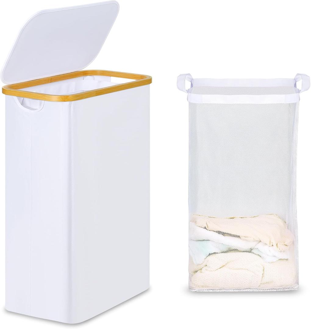 efluky Slim Laundry Basket with Lid, Narrow Laundry Hamper with Removable Bag, Skinny Dirty Clothes Basket with Bamboo Handles for Bathroom, Bedroom & Laundry Room, 65L White