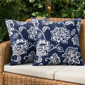 Decorative Outdoor Floral Pillow Covers Set of 2,Waterproof Boho Farmhouse Throw Pillows Summer Coastal Accent Pillowcases for Patio Furniture Garden Sofa 18x18 Inch, Navy Blue