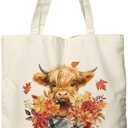 Dlzdn Fall Highland Cow Canvas Tote Bag For Women Aesthetic Shopping Grocery Bag Beach Bag Gifts for Women Teacher Bag Reusable Grocery Bag Thanksgiving Day Gift
