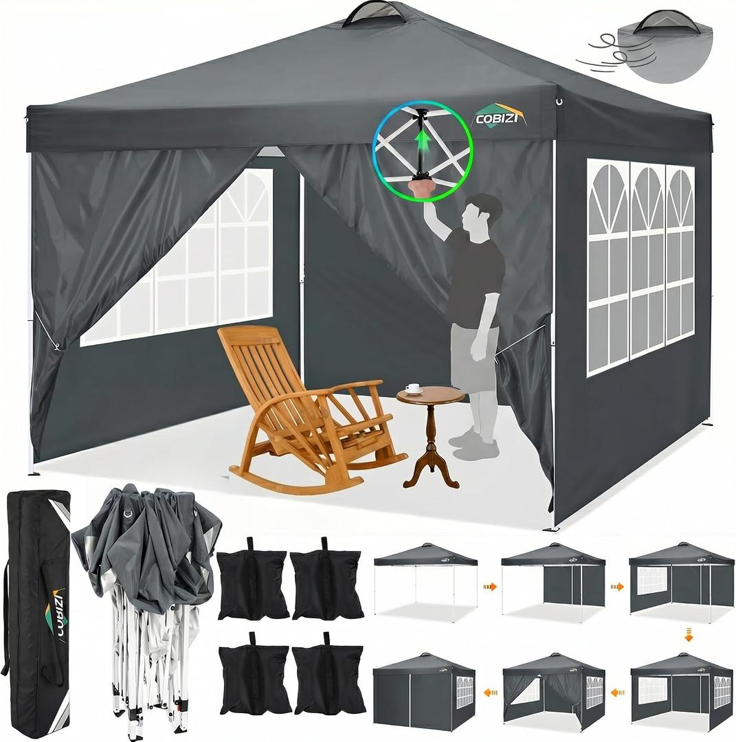 COBIZI 10x10 Pop Up Canopy Tent, One Push Outdoor Gazebo with 4 Removable Sidewalls & Air Vent, Waterproof Commercial Easy Up Adjustable Canopy with 4 Sandbags, 4 Stakes & 8 Ropes for Party,Grey