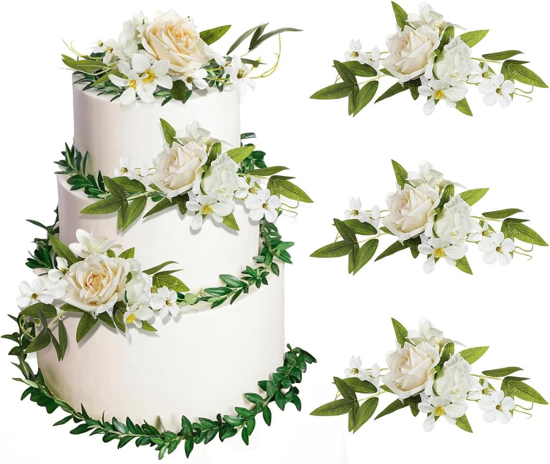 RAYNAG 3 Pieces Wedding Flower Cake Topper Wedding Cake Decorations Engagement Cake Topper Artificial Rose Cake Decorations Birthday Cake Flower for Baby Shower Engagement Anniversary Party Supplies (White)