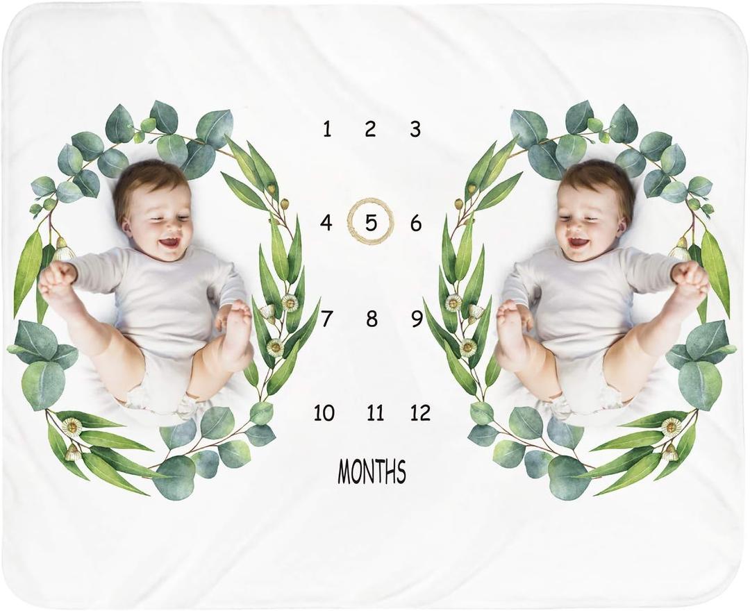 Tebaby Baby Monthly Milestone Blanket Twins - Newborn Month Blanket Unisex Neutral Personalized Shower Gift Leaf Nursery Decor Photography Background Prop with Wooden Wreath Large 51''x40''