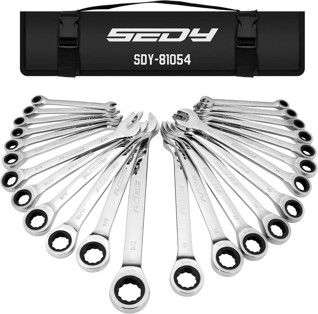 Premium 24-Piece Ratcheting Wrench Set, SAE & Metric Combination Wrenches, 8-19mm / 1/4"-7/8", 72-Tooth Ratchet Spanners, Chrome Vanadium Steel with Roll-Up Pouch for Mechanics