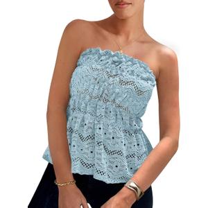 PRETTYGARDEN Women's Boho Tube Tops 2025 Summer Strapless Off Shoulder Eyelet Smocked Peplum Trendy Going Out Bandeau Top (Blue)