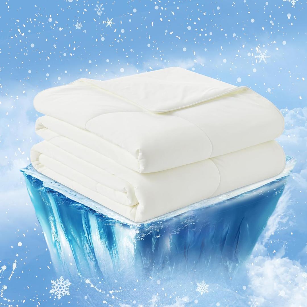 Cozy Bliss Cooling Comforter Queen Size, Cooling Blankets for Hot Sleepers and Night Sweats, Cream Summer Comforter for Queen Size Bed, Breathable Soft Lightweight Silk Smooth