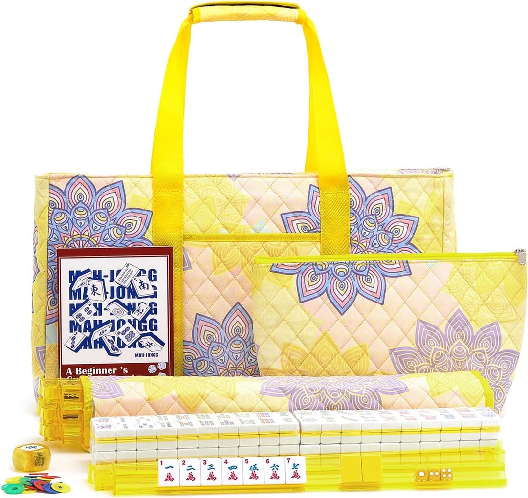 American Mahjong Tile Set with Printed Carrying Bag, 166 Premium Yellow Tiles, 4 All-in-One Racks/Pushers and Accessories, Mahjong Set, Complete Mahjong Game Set for Travel,GiftsYellow